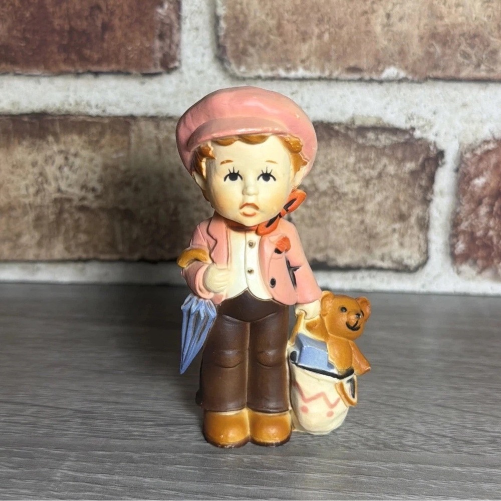 VTG 70s Hummel Style Boy Umbrella Teddy Bear Figurine Christmas Hong Kong